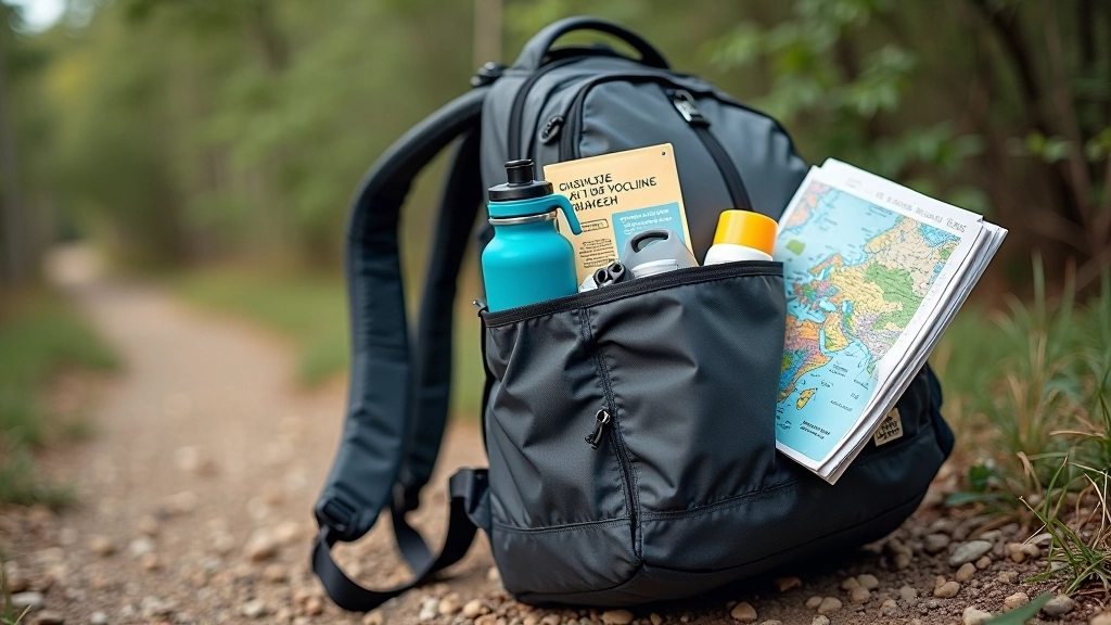 Mochila de ciclista con botella de agua, mapa de ruta impreso, protector solar y pequeñas herramientas