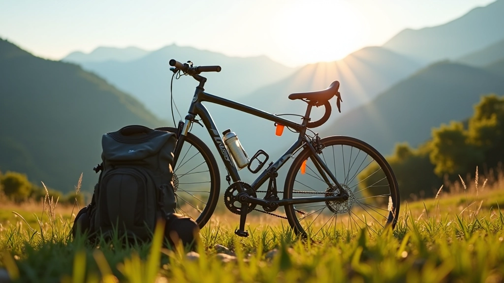 Bicicleta apoyada contra un árbol en un entorno outdoor con montaña de fondo