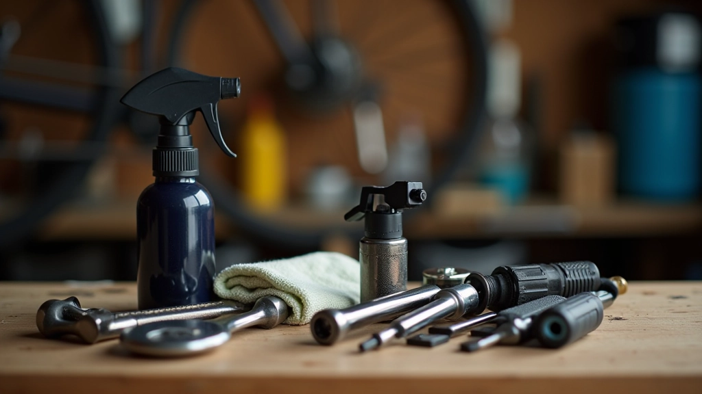 Herramientas de mantenimiento de bicicleta organizadas en banco de trabajo: llave inglesa, destornillador, lubricante en spray, bomba de aire y trapo de taller