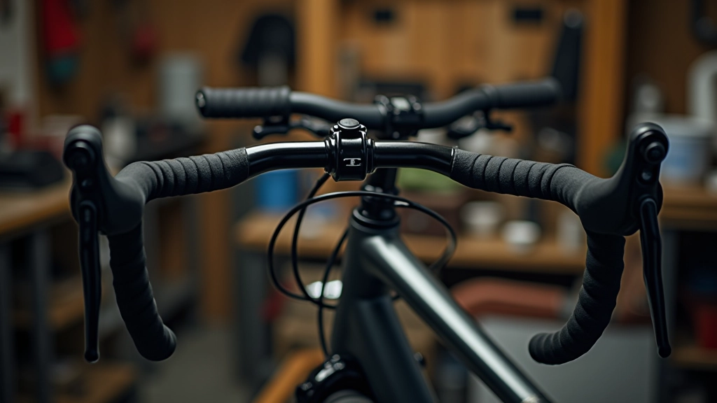 Detalle de componentes de bicicleta de paseo con manillar curvo y cambios simples en taller de reparación