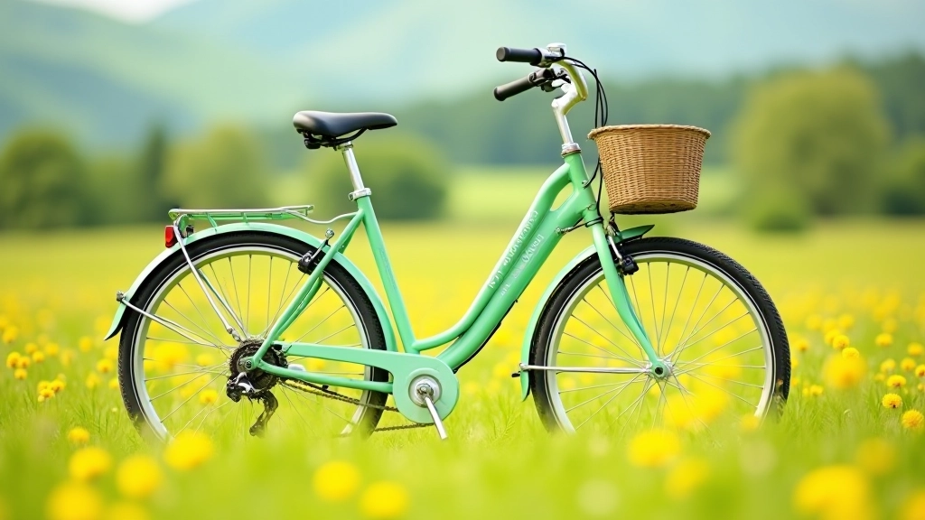 Bicicleta de paseo completa de color verde pastel con canasta delantera, posicionada en prado con flores silvestres