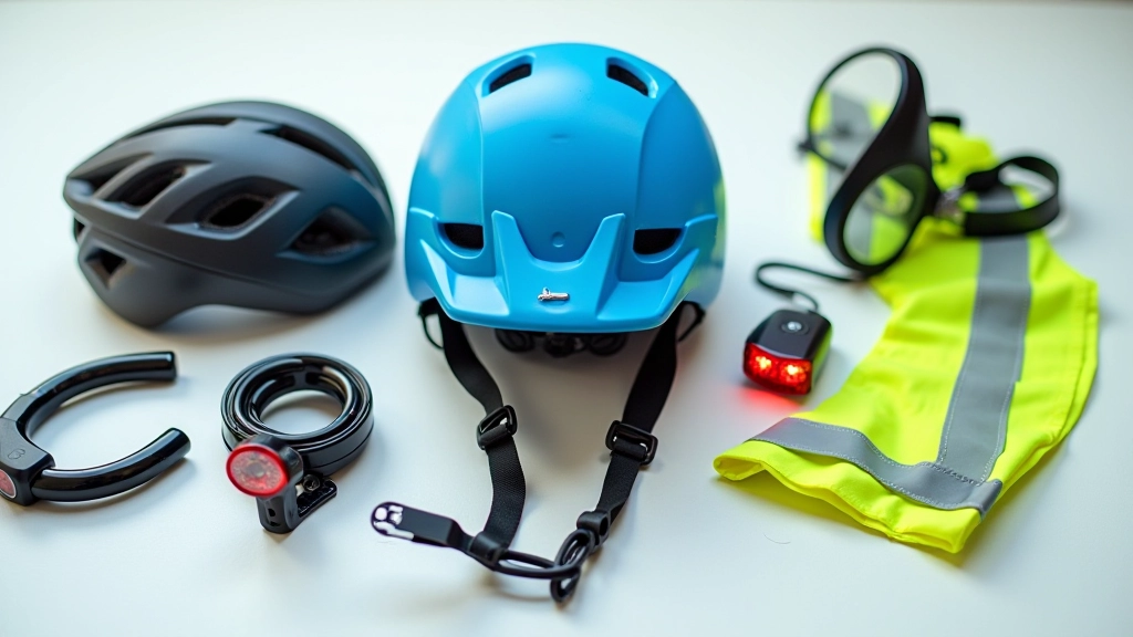 Accesorios esenciales de ciclismo: casco azul, candado de seguridad, luces LED roja y blanca, espejo retrovisor y campera reflectante amarilla