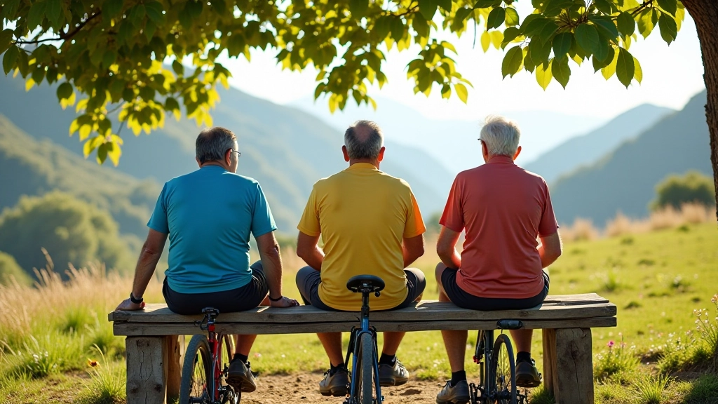 Grupo de ciclistas mayores descansando bajo árbol frondoso en punto de vista con paisaje de valle