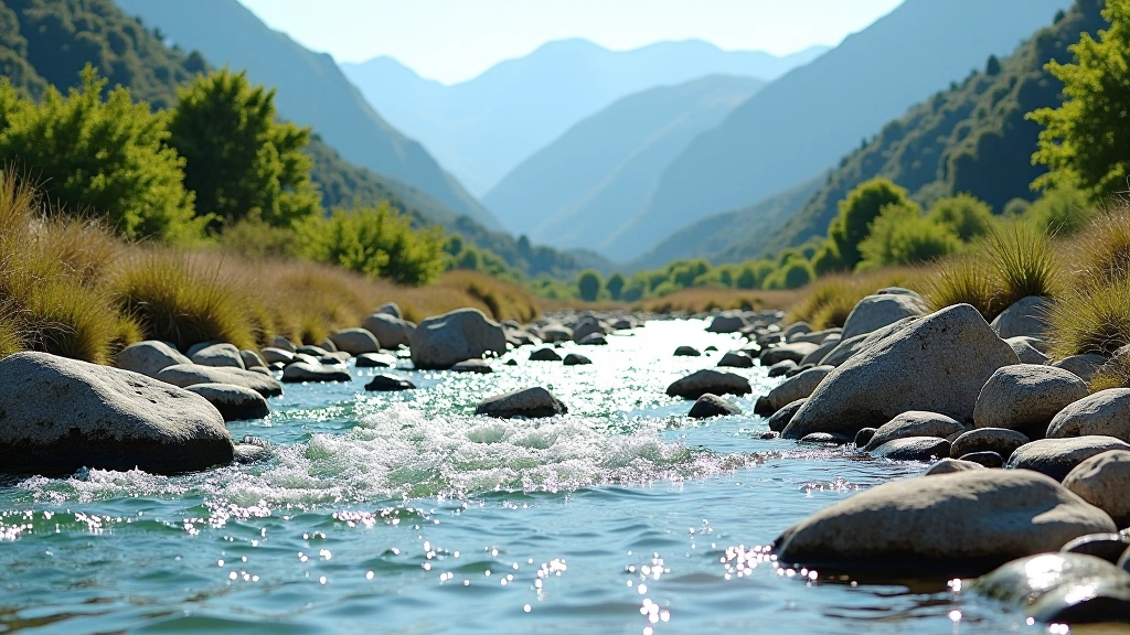 Río Mina Clavero fluyendo tranquilo rodeado de rocas y vegetación, agua clara