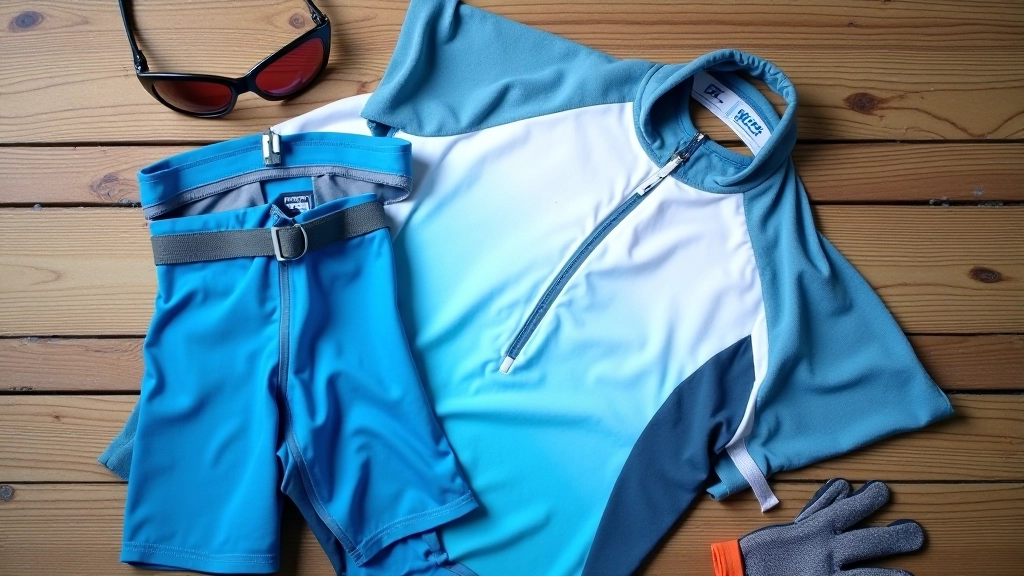 Conjunto de ropa de ciclismo para verano: malla corta en azul, jersey de manga corta en blanco y gafas de sol, cuidadosamente arregladas en piso de madera