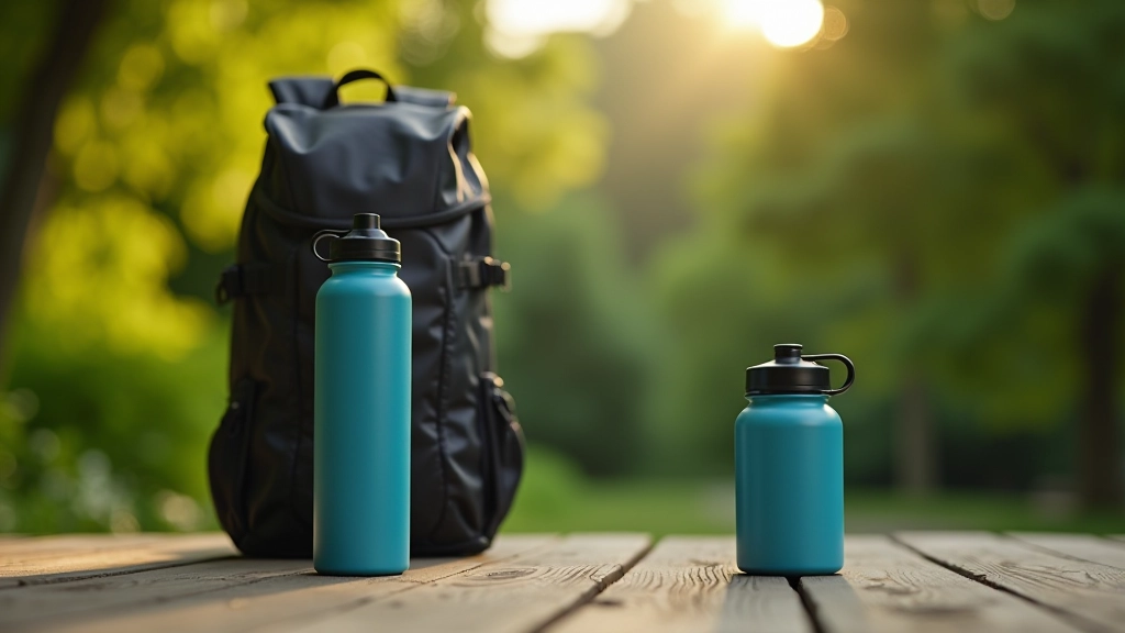 Botella de agua y mochila de ciclismo en banco de descanso al aire libre